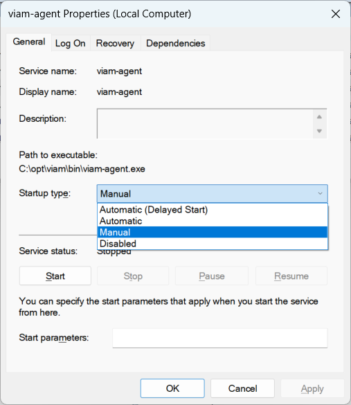 Windows Services manager with viam-agent properties open.