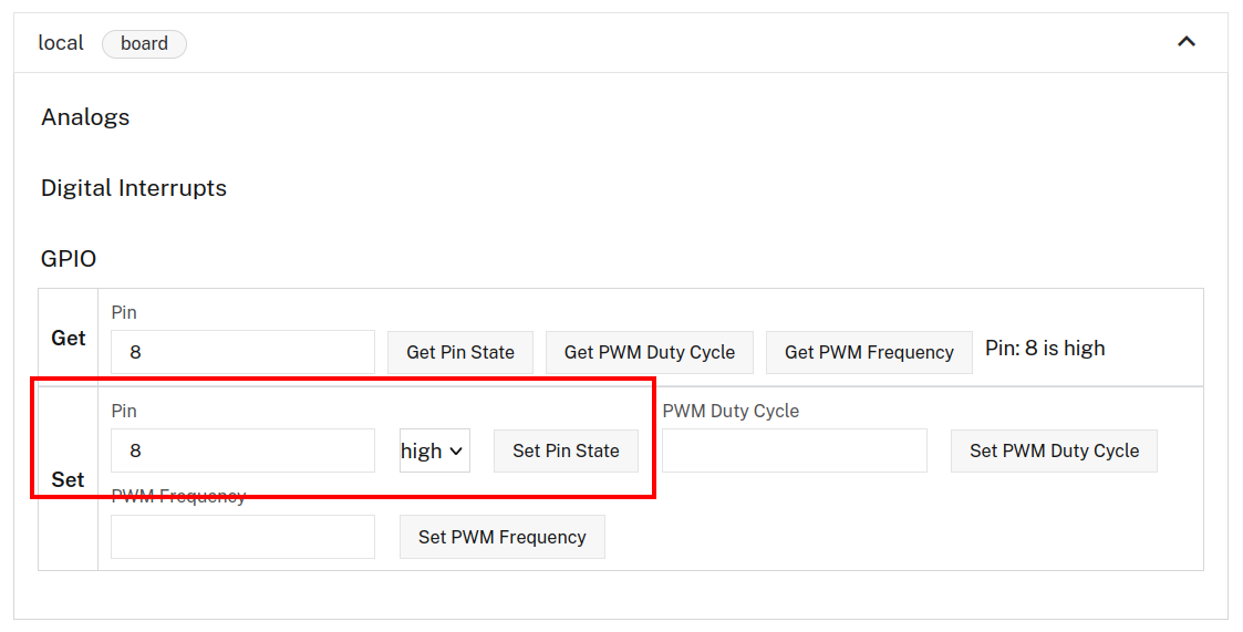 Control tab showing the board control panel. The ‘Board Local’ row is expanded, and under the ‘Set’ row, the pin is set to ‘8.’ A red box is around the ‘Set Pin State’ field.